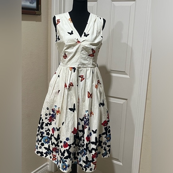 BELLE POGUE BUTTERFLY PRINT 1950’s STYLE ELEGANT RETRO, WOMENS DRESS SIZE M. - Picture 3 of 12